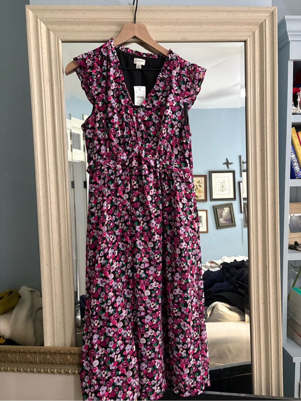 J. Crew Sleeveless Floral V-Neck Midi Dress in Pink and Black